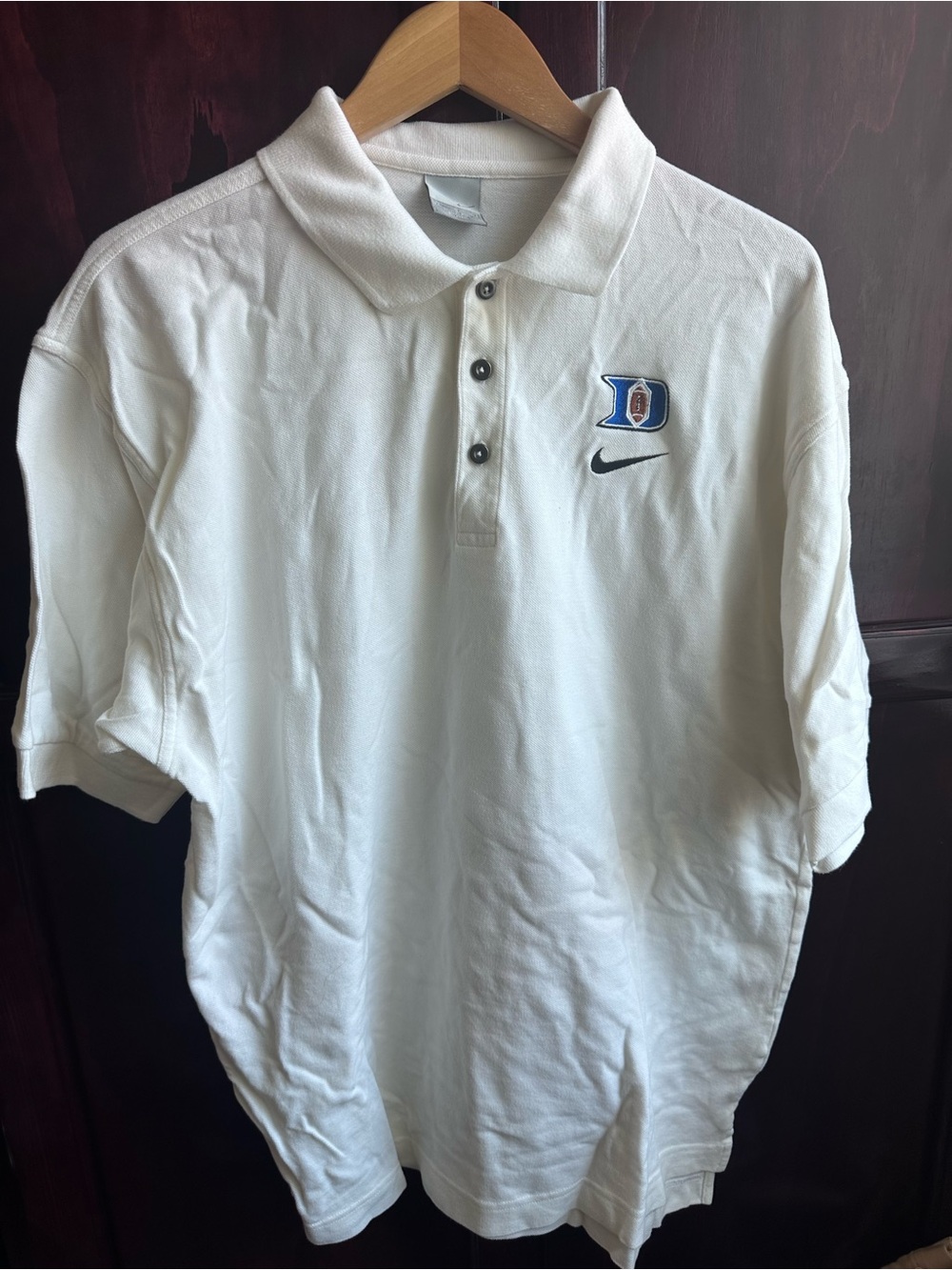 Vintage Nike White Men’s Polo with Duke Blue Devils Logo and Swoosh